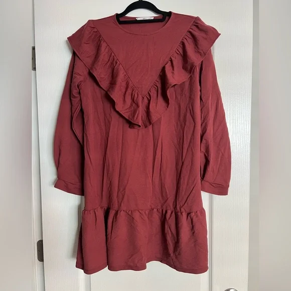 Mango - Ruffled Drop Waist - Rust Red / Maroon Dress - Picture 6 of 10